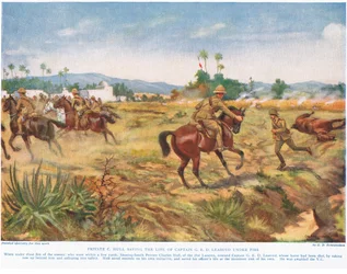 Il soldato C. Hull salva la vita del capitano G.E.D. Learoyd, sotto il fuoco, illustrazione da 