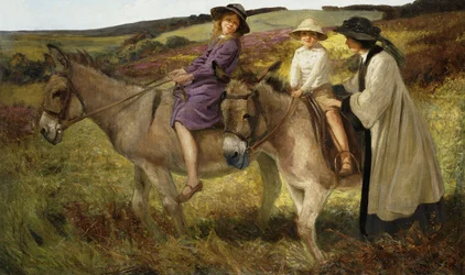 Due bambini che cavalcano asini sul bordo di una brughiera