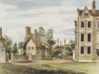 Nuovo Palazzo, dal Giardino della Regina, tavola 4 da Kew Gardens: Una serie di ventiquattro disegni su pietra, inciso da Charles Hullmandel (1789-1850) pubblicato 1820