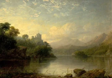 Scena lacustre con castello in rovina e montagne, XIX secolo