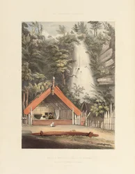 Casa di Hiwikau, Madre di Heuneu, e Cascate di Ko Waihi, a Te Rapa, tavola 21 da "The New Zealanders Illustrated"