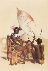 Mpande, il re Zulu, circondato dai suoi guerrieri