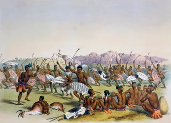 Danza di caccia Zulu vicino alle montagne Engooi, 1849