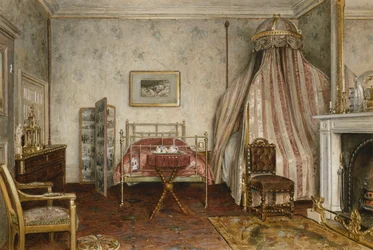 Vista della camera da letto dove morì Napoleone III, Camden Place, Chislehurst, Kent, 1873