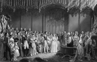 Matrimonio della Regina Vittoria (1819-1901) e del Principe Alberto (1819-61) al Palazzo di St. James il 10 febbraio 1840, inciso da Charles Eden Wagstaff, 1840