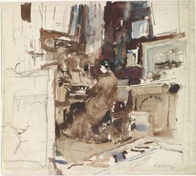Signora in atelier dietro un armonium