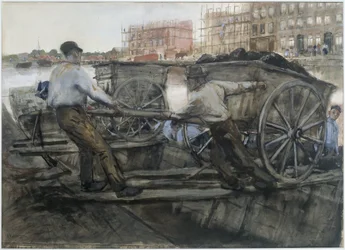 Lavoratori che tirano un carro pesantemente carico su Jacob van Lennepkade, Amsterdam