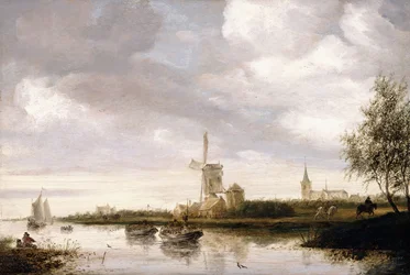 Paesaggio fluviale con chiatte e barche a vela e una chiesa sullo sfondo