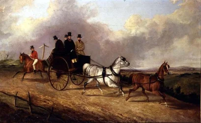 Gentiluomini in una carrozza trainata da cavalli
