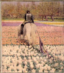 Sconfitto. Un cavaliere colpito da un proiettile attraversa un campo di tulipani dopo la sconfitta. Dipinto di George Hitchcock (1850-1913), 1898, dimensioni 1 x 0,9 m, Parigi, Musée d