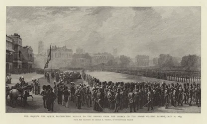 Sua Maestà la Regina distribuisce medaglie agli eroi della Crimea alla parata delle Guardie a Cavallo, 21 maggio 1855