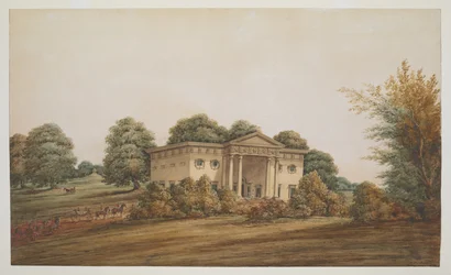 Una casa giardino palladiana in un paesaggio simile a un parco, Delhi, con una carrozza e cavalieri in avvicinamento