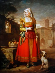 Ritratto di una signora, a figura intera, vestita in costume italiano