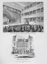 Interno del Little Theatre, Haymarket a Londra e la facciata sopra, inciso da James Stow, 1815