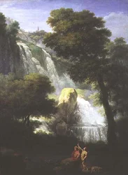 Veduta delle cascate di Terni con figure classiche in primo piano