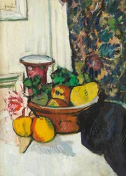 Natura morta con frutta e rosa rosa