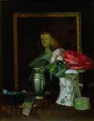 Natura morta di rose, ritratto, vaso e ventaglio