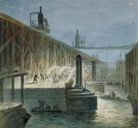 Lavori di demolizione sul Blackfriars Bridge dalla riva del Surrey, Londra