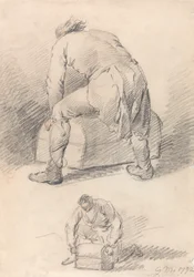 Un uomo che solleva un baule, due studi su un foglio