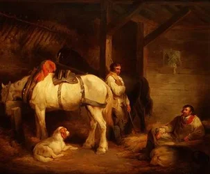 Lavoratori e cavalli da tiro in una stalla