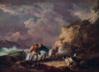 Riva del mare: pescatori che tirano una barca, 1791