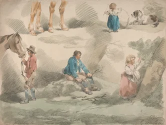 Set di cinque: studi di ragazze, una che gioca con il cerchio, una che raccoglie bacche, uomo e cavallo, ecc.