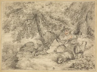 Pastorello con agnelli nel bosco