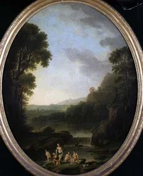 Un paesaggio boscoso con bagnanti
