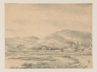 Paesaggio collinare con alcune case e un fiume a sinistra