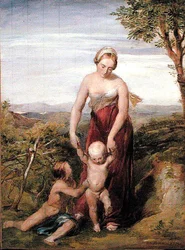 Una donna con due bambini in un paesaggio collinare
