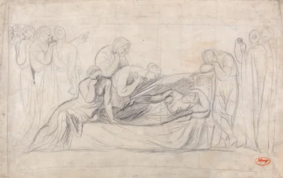 Figure in lutto davanti alla bara di una donna
