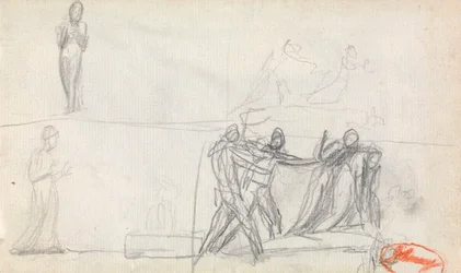 Scena di gruppo e due schizzi di figura in piedi