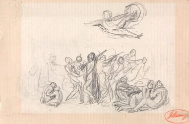Gruppo di figure, con una figura in volo sopra di esse