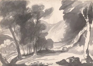 Studio paesaggistico: boschetto, lago e montagne