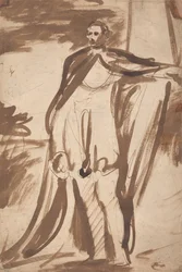Lord Salisbury, in piedi accanto a un pilastro