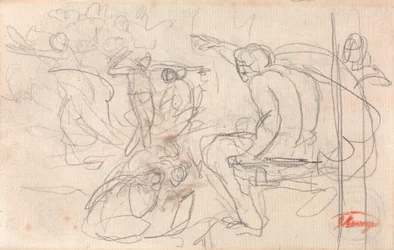 Possibile figura seduta che pronuncia un giudizio su una figura inginocchiata