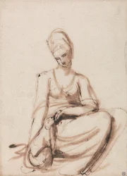 Donna seduta che nutre un animale