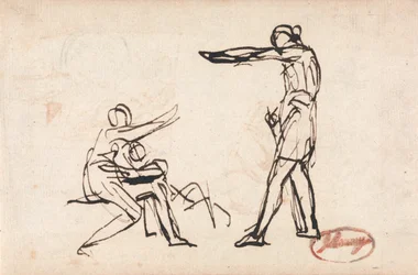 Figura in piedi che minaccia una madre e un bambino