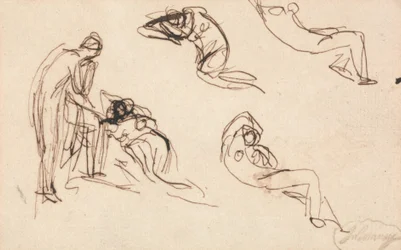 Una figura in piedi e quattro figure sdraiate