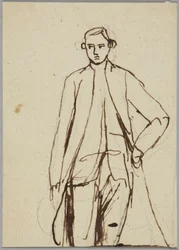 Figura maschile in piedi, mano sinistra sul fianco, studio di ritratto