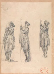 Tre schizzi di un uomo in uniforme