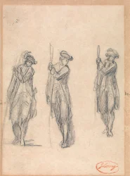 Tre schizzi di un uomo in uniforme