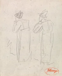 Due figure in piedi che indossano cappelli alti