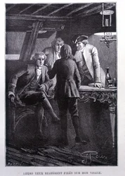 Scena di storia nella piazza della nave: il giovane Jim Hawkins davanti al Dr. Livesey e al Cavaliere Trelawnay - in 