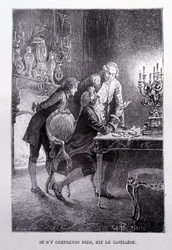 Giovane Jim Hawkins, Cavaliere Trelawnay e Dottor Livesey si riconciliano in un salotto - in "L