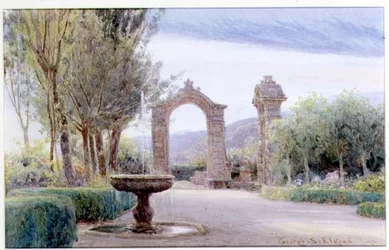 Un giardino italiano con una fontana e due archi