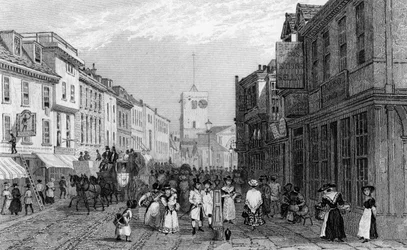 Giorno di mercato a Dartford, Kent, inciso da Henry Adlard, c.1830
