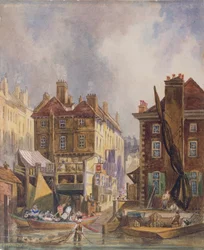 Vecchio mercato di Hungerford dal fiume, Londra, c.1810