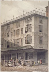 Vista del mercato di Billingsgate con persone, pesci e cesti, Città di Londra, 1811