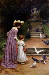 Dare da mangiare ai piccioni. Madre e figlia danno da mangiare agli uccelli in un parco. In cima alle scale è raffigurata una fontana. Dipinto di George Sheridan Knowles (1863-1931, Gran Bretagna) Collezione privata